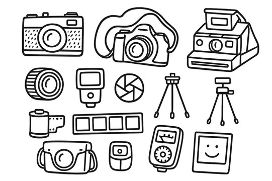 Vintage Camera Doodles. Old cameras. Hand-drawn doodle illustration old cameras film camera, lens, flash, tripod, photo roll, negative strip, polaroid, strap,