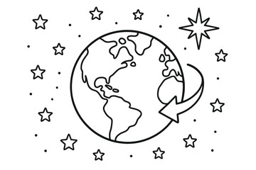 Earth Rotation Diagram. Stars and Earth?s rotation children?s coloring book illustration, outlined drawing, a globe showing a curved arrow of rotation with