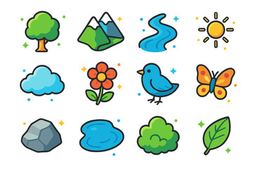 Fototapeta premium Colorful Nature Icons. Nature icons. Colorful isometric vector icons set of nature icons: tree, mountain, river, sun, cloud, flower, bird, butterfly, rock,