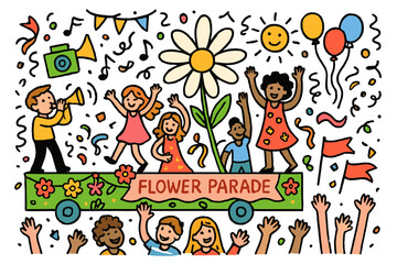 Fototapeta premium Colorful Flower Parade. Flower parade. Colorful Hand-drawn doodle Children illustration Flower parade decorated float, garlands, crowd cheering, music notes,