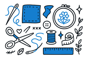 Needlecraft Hobby Icons. // Needlecraft hobby. Hand-drawn doodle illustration Needlecraft hobby [needle (accented), thread (accented), fabric (accented), hoop,