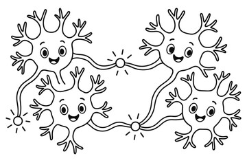 Friendly Neurons Coloring Page. Brain connections children?s coloring book illustration, outlined drawing, a group of friendly neuron characters linking