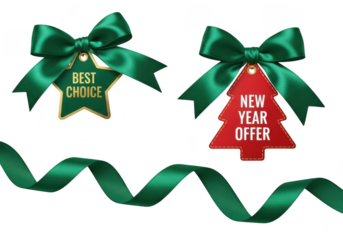 Two festive christmas gift tags with green bows and ribbon, isolated on transparent background