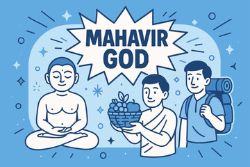 Mahavir Meditation Banner. Mahavir God banner, rounded blob vector illustration, bold text inside a splash explosion shape, cartoon characters meditating and