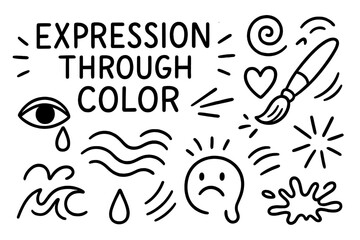 Obraz premium Abstract Doodle Expression. Expression through color. Hand-drawn doodle illustration expression through color palette, brush, swirl, eye, heart, wave, tear,