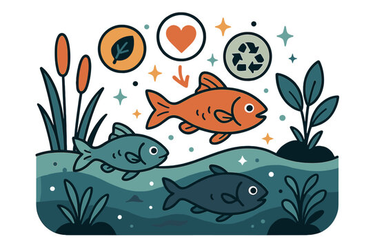 River Ecology Scene. Ecology. River ecosystem with fish, plants, and abstract floating icons and sparkles; conveys aquatic life, environmental awareness, and