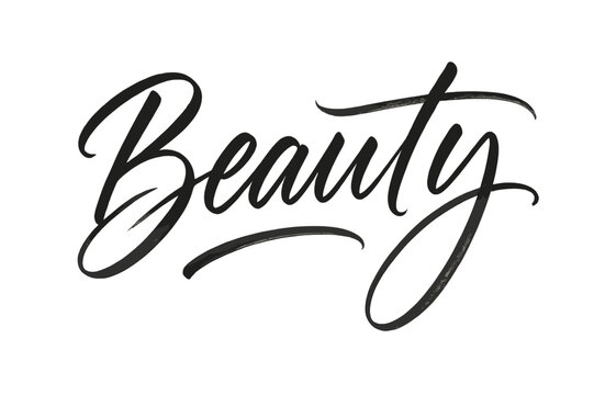 Elegant Beauty Script. Script Hand-Lettering for "Beauty" with brush script, fluid strokes, semi-cursive with soft curves, expressive fast brush strokes,