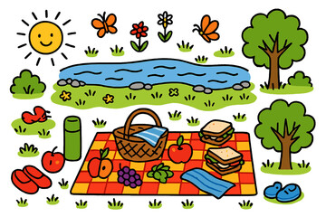Naklejka premium Riverside Picnic Scene. Riverside picnic. Colorful Hand-drawn doodle Children illustration Riverside picnic picnic blanket, basket, fruit, sandwiches, thermos,