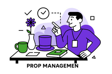 Organized Stage Props. Prop management. A table with neatly arranged props, stage manager pointing while