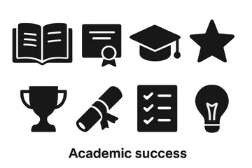 Academic Success Icons. Academic success. Filled icon set of academic success: open textbook, certificate,