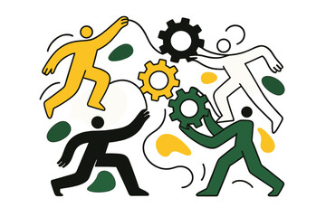 Dynamic Team Synergy. Team synergy. Abstract human figures of different colors and shapes connecting through