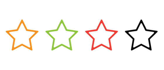 Colorful star outline icon set in orange, green, red, and black minimal rating and feedback vector design for review systems, UI, UX, and modern web graphic projects