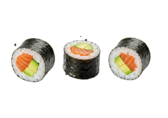 Three perfectly rolled Japanese maki sushi with salmon, avocado, nori, and black sesame falling mid-air with scattered green onion on a transparent background, high-end food advertisement concept