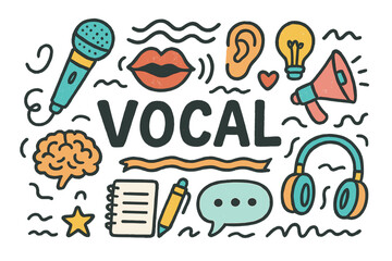 Vocal Patterns Doodle. Vocal patterns. Hand-drawn doodle illustration of vocal patterns. Microphone, lips,