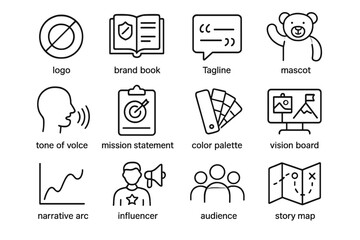 Fototapeta na wymiar Brand Story Icons. Brand storytelling. Line icon set of brand storytelling: logo, brand book, tagline, mascot, tone of voice, mission statement, color palette,