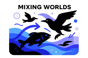 Naklejka premium River Meets Sea. River Ecosystem ? Estuary Transition. River meets sea with blending color bands; silhouettes of fish and birds overlap. Caption ?mixing