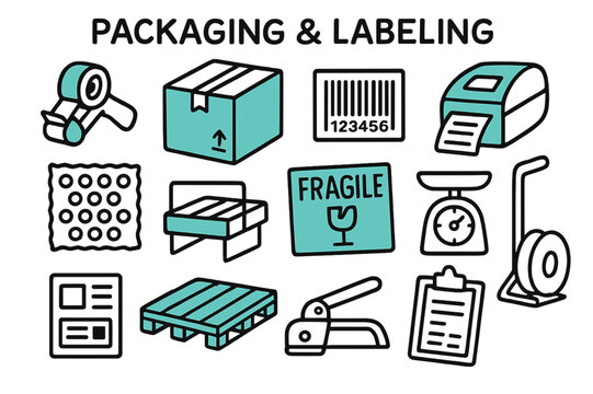 Doodle Packaging Elements. // Packaging & labeling. Hand-drawn doodle illustration Packaging & labeling [carton box (accented), tape dispenser, label printer