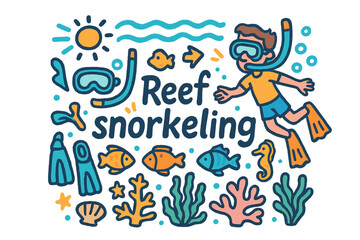 Obraz premium Reef Snorkeling Doodles. Reef snorkeling. Hand-drawn doodle illustration of reef snorkeling. Snorkeler, mask,