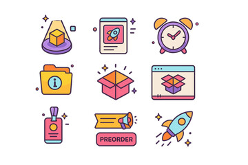Colorful Launch Icons. Product launch buzz. Colorful isometric vector icons set of Product launch buzz: spotlighted product box, teaser post, countdown clock,