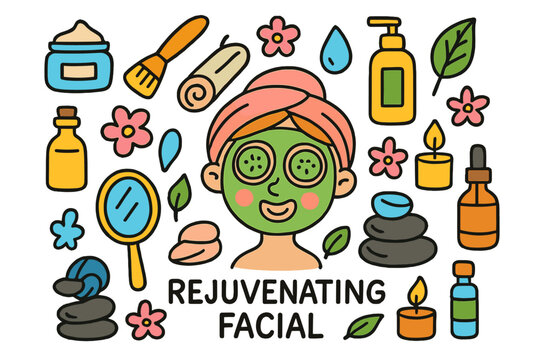 Spa Day Essentials. rejuvenating facial. Colorful Hand-drawn doodle Children illustration rejuvenating facial face mask, cucumber slices, headband, towel,