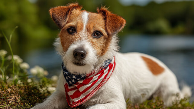 Charming Jack Russell Terrier dog with American flag bandana relaxing outdoors