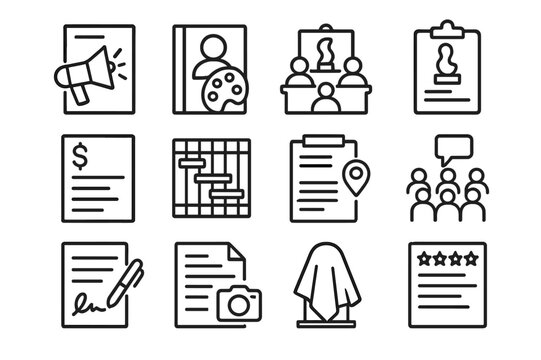 Public Art Curation Icons. Public Art Curation. Line icon set of Public Art Curation: open call notice, artist portfolio, selection jury, proposal sketch,