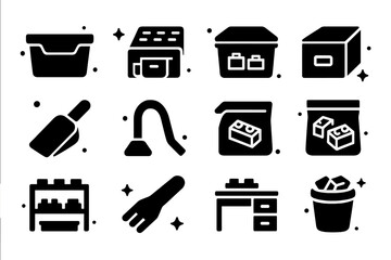 Obraz premium LEGO Storage Icons. LEGO Storage and Organization. Solid icons set of LEGO Storage and Organization: storage bin, color sorter, labeled box, small drawer,