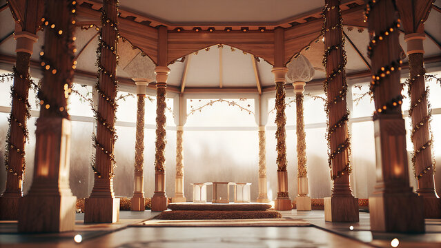 Empty wooden mandap stage with four carved pillars wrapped in white roses and fairy lights, in foreground, dreamy wide-angle composition.