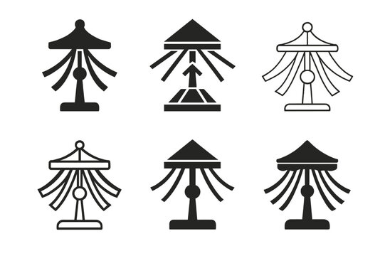 May Day Emblems. May day at an amusement park. Icon set. Set Logo of May day at an amusement park: maypole ribbons near carousel. harmonious logo variations of