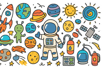 Fototapeta premium Space Doodle Extravaganza. Space. Colorful Hand-drawn doodle Children illustration Space planets, rockets, astronauts, aliens, stars, moons, suns, galaxies,