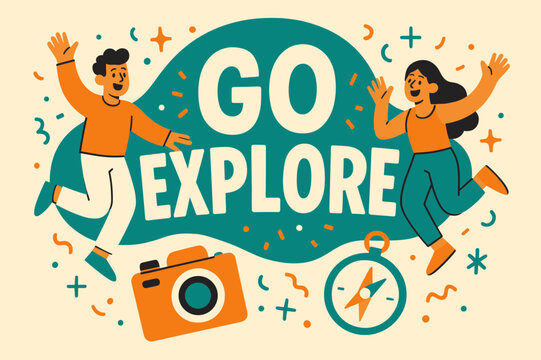 Go Explore Adventure. Go explore banner, flat vector illustration, bold oversized text inside rounded blob, cartoon characters jumping and waving, compass and