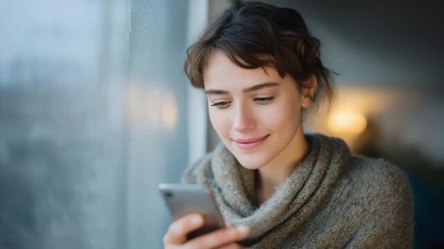 Person holding smartphone app controlling energy-efficient system while looking through frosted window &mdash; representing convenience, connectivity, and the harmony between tech and winter coziness.