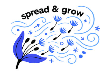 Fototapeta premium Seeds on the Wind. Seeds ? Wind Scatter. Light gusts lift seeds from a pod; spiral lines mark flight paths. Text ?spread & grow? arcs through the breeze.