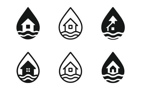 Flood Restoration Logos. Dealing with home flooding and water damage. Set Logo of dealing with home flooding and water damage: droplet with rising arrow