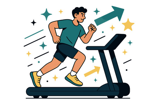 Dynamic Treadmill Energy. Workout motivation. Person running on treadmill with abstract floating arrows, stars, and sparkles; conveys energy, determination,