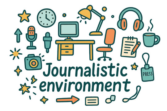 Colorful Journalism Icons. Journalistic environment. Hand-drawn doodle illustration of journalistic
