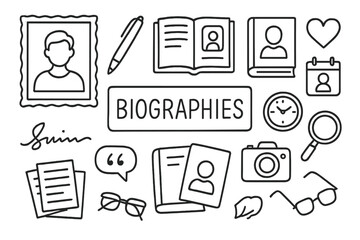 Biography Icons Illustrations. Biographies. Hand-drawn doodle illustration biographies portrait frame, pen, notebook, book cover, open page, calendar, camera,