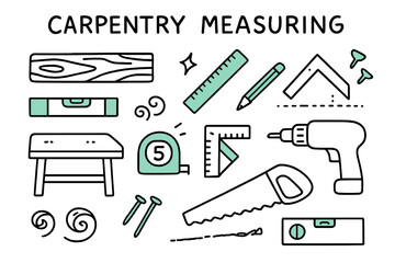 Fototapeta premium Carpentry Tools Illustration. // Carpentry measuring. Hand-drawn doodle illustration Carpentry measuring [wood plank, ruler (accented), tape measure