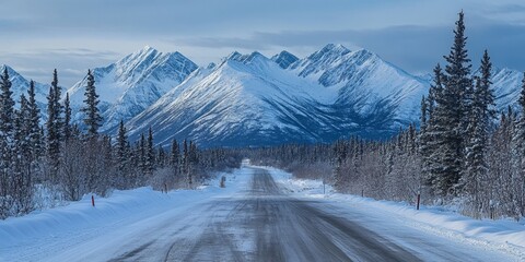 Scenic winter landscape with a road leading through snow-covered trees towards majestic mountains in the distance under a cloudy sky.