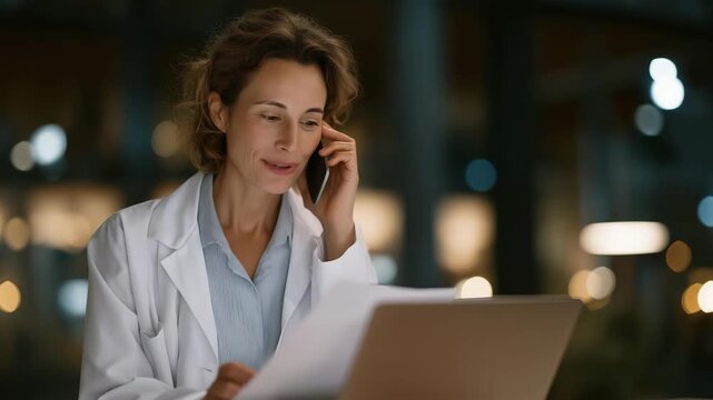 Professional healthcare provider reviewing medical data during online consultation, emotion of focus and empathy visible, representing telemedicine efficiency, digital record management, and