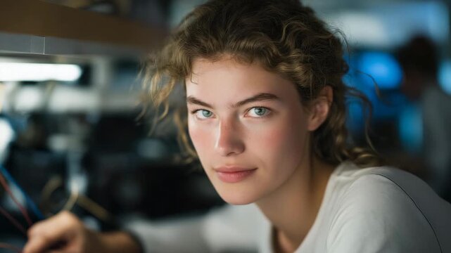 Quantum physicist fine-tuning photonic circuits within cryogenic laboratory, emotion of focus visible, representing photonic communication, advanced research, and futuristic quantum computing