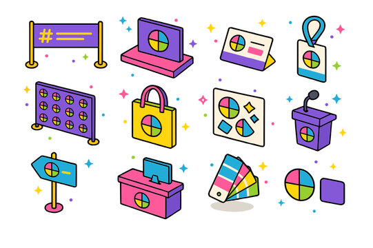 Colorful Conference Icons. Conference branding. Colorful isometric vector icons set of Conference branding: custom hashtag banner, stage backdrop, speaker name