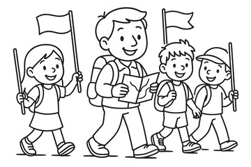 Traveling Community Coloring Page. Community procession children?s coloring book illustration, outlined drawing, a group of smiling travelers walking together