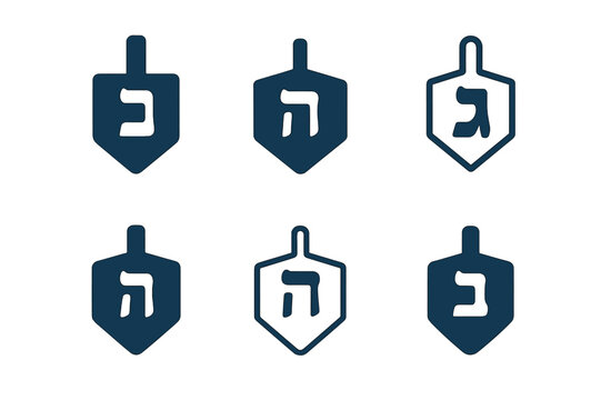 Hanukkah Dreidel Logos. Hanukkah celebrations with menorahs and candles. Set Logo of dreidel: spinning top with Hebrew letters. Icon set. harmonious logo