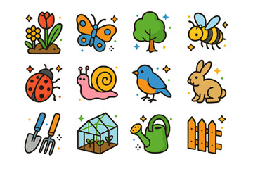 Fototapeta premium Garden Icon Set. Garden. Colorful isometric vector icons set of Garden: flowers, trees, butterflies, bees, ladybugs, snails, birds, rabbits, gardening tools,