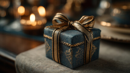 Festive gift box ready for celebration on a beautifully set table