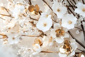 A chic floral arrangement showcasing metallic bronze accents paired with soft white blossoms,