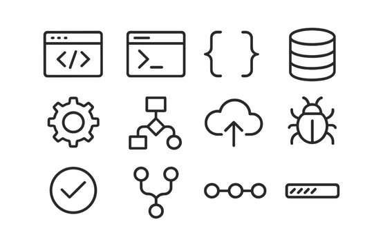 Software Icon Set. Software Development. Line icon set of Software Development: code editor, terminal window, brackets, database icon, gear, flowchart, deploy