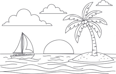 Outline Drawing of a Tropical Island Sunset with Sailboat and Palm Tree vector illustration