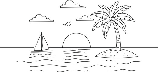 Outline Drawing of Tropical Island Sunset with Sailboat and Palm Tree vector illustration